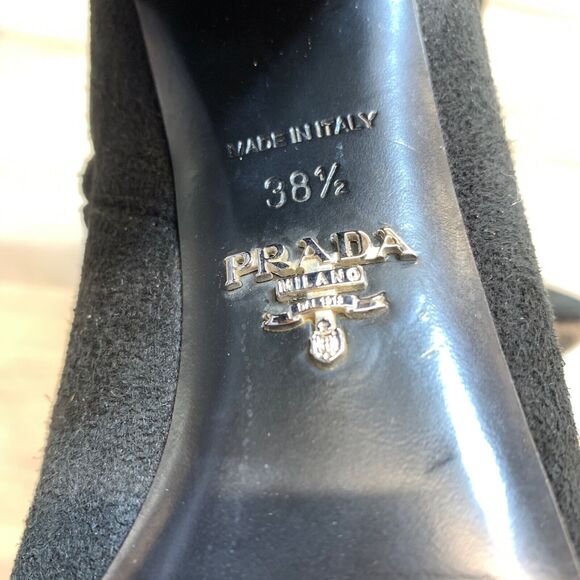 PRADA Black Italian Suede Leather High Heel Ankle Boots Square Toe EU 38.5 7.5 - Picture 11 of 13